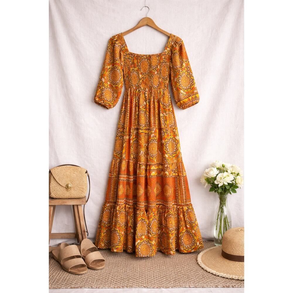 Me 2 Magic Boho Smocked Maxi Dress Orange Geometric Puff Sleeve Large Flowy